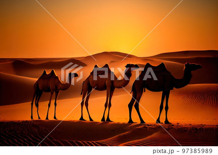 A camel caravan walks at sunset across the sand dunes of the Sahara Desert. Generative AI Art. A camel caravan walks at sunset across the sand dunes of the Sahara Desert. Generative AI Art. 97385989