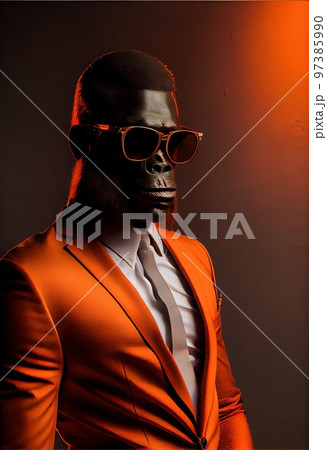 Portrait of a happy business gorilla. Business gorilla in a stylish orange suit. Generative AI Art. Portrait of a happy business gorilla. Business gorilla in a stylish orange suit. Generative AI Art. 97385990