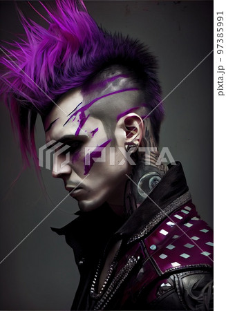 Portrait of a punk with colored hair. Rock metal musician. Hipster man with punk hair. The concept of a rock musician. Generative AI Art 97385991