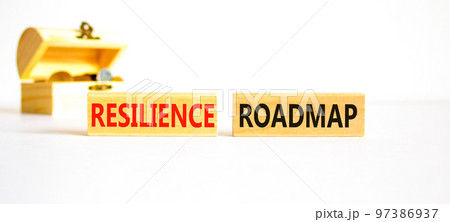 Resilience roadmap symbol. Concept word Resilience roadmap typed on wooden blocks. Beautiful white table white background. Wooden chest with coins. Business and resilience roadmap concept. Copy space. 97386937