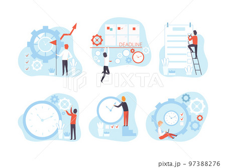 Effective Time Management with Man Organizing Time on Clock and Calendar Vector Set 97388276