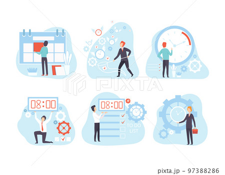 Effective Time Management with Man Organizing Time on Clock and Calendar Vector Set Effective Time Management with Man Organizing Time on Clock and Calendar Vector Set 97388286