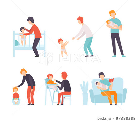 Man Dad Nursing Little Kid Engaged in Parenting Vector Set Man Dad Nursing Little Kid Engaged in Parenting Vector Set 97388288