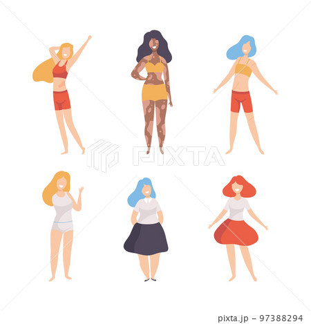 Female with Different Figure Type and Height as Body Positive and Self Acceptance Vector Set 97388294