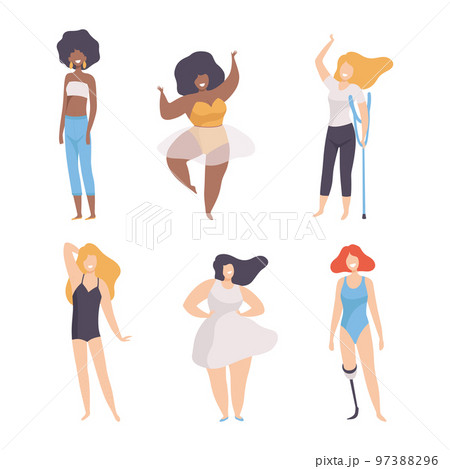 Female with Different Figure Type and Height as Body Positive and Self Acceptance Vector Set 97388296