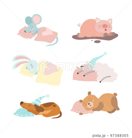 Cute Sleeping Animals Lying on Pillow Having Bedtime Rest Vector Set Cute Sleeping Animals Lying on Pillow Having Bedtime Rest Vector Set 97388305