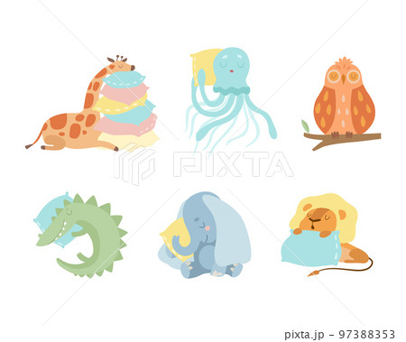 Cute Sleeping Animals Lying on Pillow Having Bedtime Rest Vector Set Cute Sleeping Animals Lying on Pillow Having Bedtime Rest Vector Set 97388353