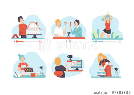 People Blogger or Vlogger Making Video Content for Their Channel Vector Set 97388389