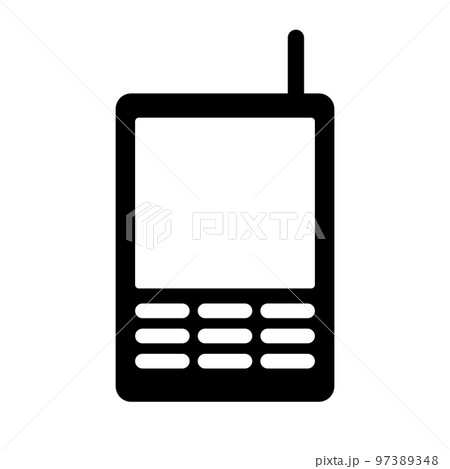 アンテナ付き携帯電話のシルエットアイコン。ベクター。 97389348