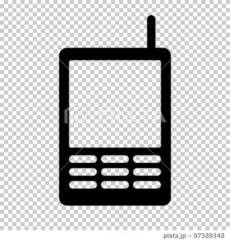アンテナ付き携帯電話のシルエットアイコン。ベクター。 97389348