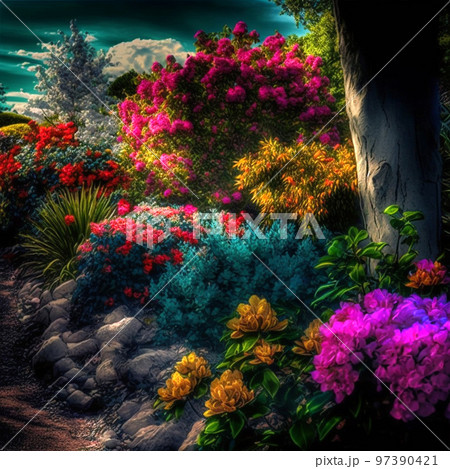 Magic garden in sunlight, beautiful flowers....のイラスト素材