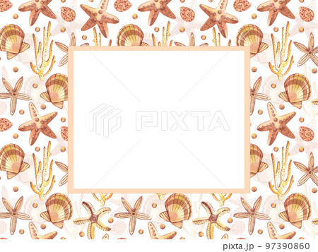 Postcard with sea mollusks and a rectangular frame for a signature. All elements are hand-painted with watercolors. Starfish, pearl, scallop on a white background. For print, scrapbooking and design 97390860
