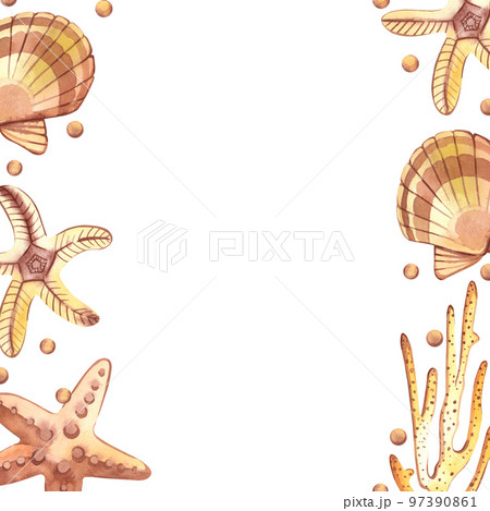 Composition with sea shells and stars. All elements are hand-painted with watercolors. Starfish, pearl, scallop on a white background. For print, books, scrapbooking and design Composition with sea shells and stars. All elements are hand-painted with watercolors. Starfish, pearl, scallop on a white background. For print, books, scrapbooking and design 97390861