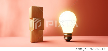 Glowing light bulb with wooden blocks - 3D Glowing light bulb with wooden blocks - 3D 97392017