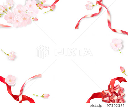 薄いピンク色のかわいい桜と折り紙の輪っか飾りとメダルリボンー白バックフレーム背景素材 薄いピンク色のかわいい桜と折り紙の輪っか飾りとメダルリボンー白バックフレーム背景素材 97392385