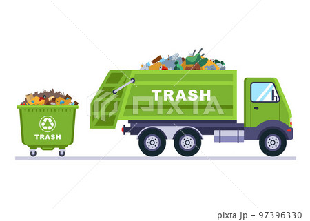 green truck and plastic trash can. 97396330