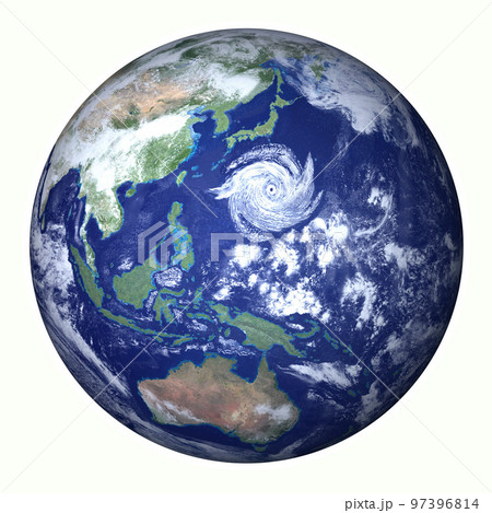 地球　基本色　日本列島　逆回転　巨大台風　参考　学習　教材　白バック(3DCGイメージ) 97396814