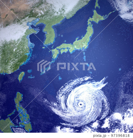 日本　日本列島　台風　架空　正方形サイズ(3DCGイメージ) 97396818