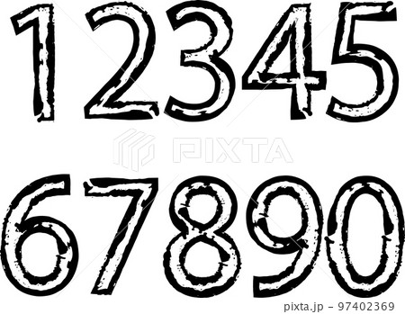 0から9の数字　番号　ナンバー　セット　モノクロ　手描き　筆　ブラシ 97402369