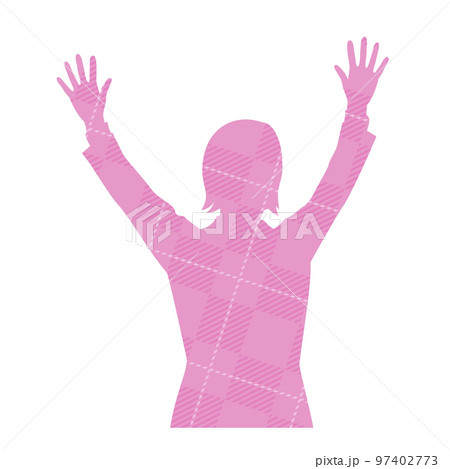 両手をあげるビジネスウーマンのシルエット チェック柄 両手をあげるビジネスウーマンのシルエット チェック柄 97402773