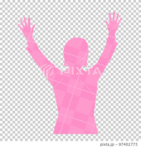 両手をあげるビジネスウーマンのシルエット チェック柄 両手をあげるビジネスウーマンのシルエット チェック柄 97402773