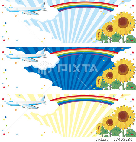 バナー 夏 旅行 飛行機 ひまわり 青空 フレーム 背景 イラスト素材セット バナー 夏 旅行 飛行機 ひまわり 青空 フレーム 背景 イラスト素材セット 97405230