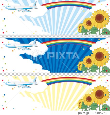 バナー 夏 旅行 飛行機 ひまわり 青空 フレーム 背景 イラスト素材セット バナー 夏 旅行 飛行機 ひまわり 青空 フレーム 背景 イラスト素材セット 97405230