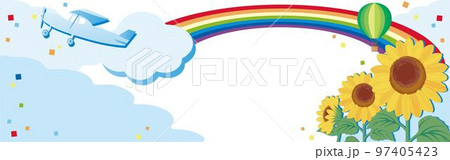バナー　夏　旅行　飛行機　ひまわり　気球　虹　コピースペース　背景　イラスト素材 97405423