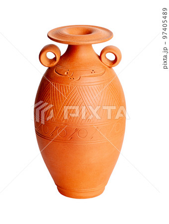 A brown clay jug isolated on a white background A brown clay jug isolated on a white background 97405489