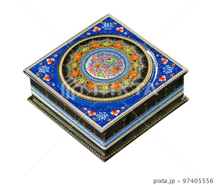A closeup of a casket with an artistic painting on a white background. Central Asia, Uzbekistan 97405556