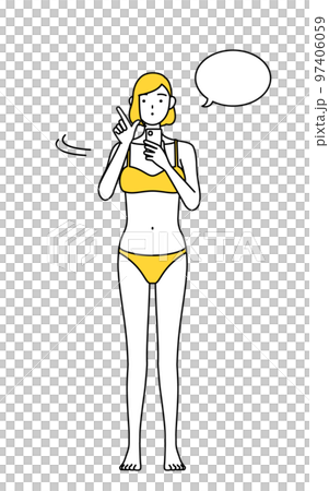一位穿著內衣的女士操作智能手機，脫毛和美容院的形象 97406059