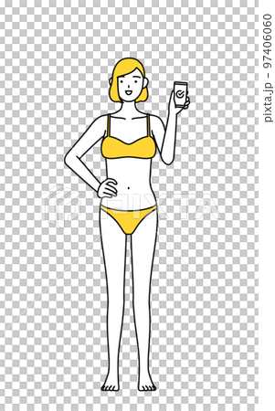 A woman in underwear who uses a smartphone at work, an image of hair removal and an esthetic salon 97406060