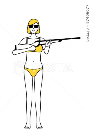 サングラスをかけてライフル銃を持つ下着姿の女性、脱毛やエステサロンのイメージ 97406077
