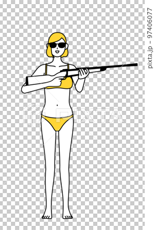 サングラスをかけてライフル銃を持つ下着姿の女性、脱毛やエステサロンのイメージ 97406077