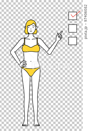 A woman in underwear pointing to a checklist, image of hair removal and beauty salon 97406082
