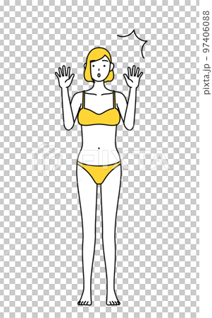 一個穿著內衣的女人驚訝地舉起手，脫毛和美容院的形象 97406088