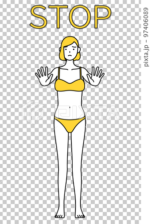ストップの合図、体の前に手を突き出す下着姿の女性、脱毛やエステサロンのイメージ 97406089