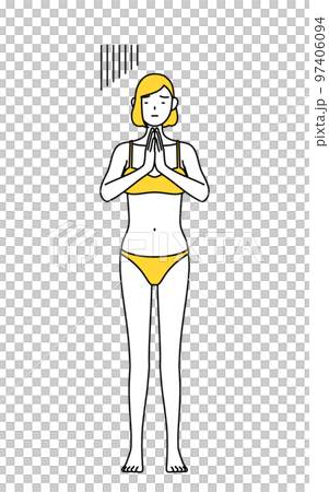 体の前で手を合わせて謝る下着姿の女性、脱毛やエステサロンのイメージ 体の前で手を合わせて謝る下着姿の女性、脱毛やエステサロンのイメージ 97406094