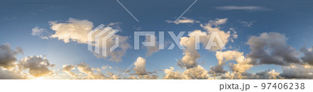 Dark blue sunset sky panorama with Cumulus clouds. Seamless hdr pano in spherical equirectangular format. Complete zenith for 3D visualization, game and sky replacement for aerial drone 360 panoramas. Dark blue sunset sky panorama with Cumulus clouds. Seamless hdr pano in spherical equirectangular format. Complete zenith for 3D visualization, game and sky replacement for aerial drone 360 panoramas. 97406238