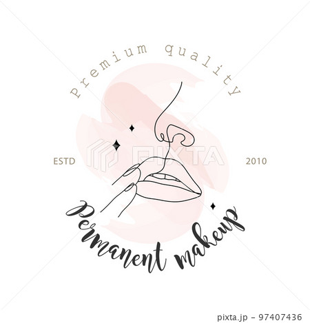 Permanent lip makeup logo. Tattoo salon. Woman lips and nose in one line drawing style. Abstract minimalistic female portrait with pink watercolor splash. Minimalist linear vector Illustration 97407436