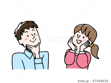 上を見上げながら楽しそうに考えごとをしている夫婦 97408038