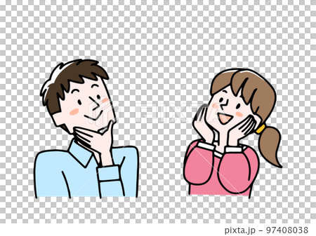 上を見上げながら楽しそうに考えごとをしている夫婦 97408038