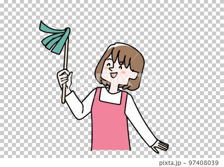 はたきを持って掃除をしている主婦 はたきを持って掃除をしている主婦 97408039