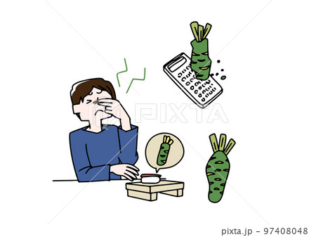 わさびのイラストとワサビを食べてツーンとしている男性のセットの