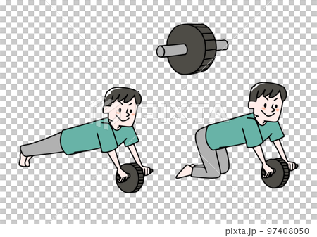 腹筋ローラーと腹筋を鍛えている男性のイラストセット 97408050