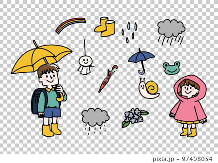 梅雨に関するアイコンや子供達のイラストセット 97408054