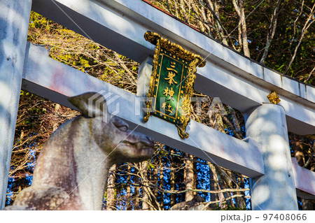 埼玉奥秩父の冬　三峯神社　三ツ鳥居と狛狼 97408066