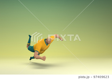 An athlete wearing a yellow shirt and green pants. He is falling down. 3d rendering of cartoon character in acting. 97409623