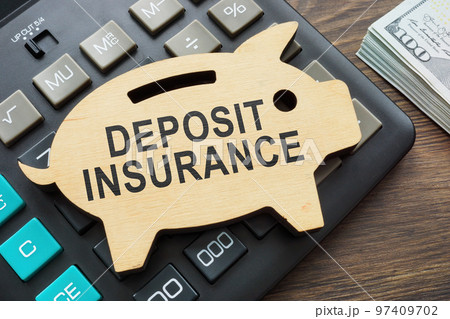 Wooden piggy bank with inscription deposit insurance. 97409702