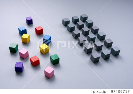 Lines of gray cubes and colored. The concept of inclusion. Lines of gray cubes and colored. The concept of inclusion. 97409717